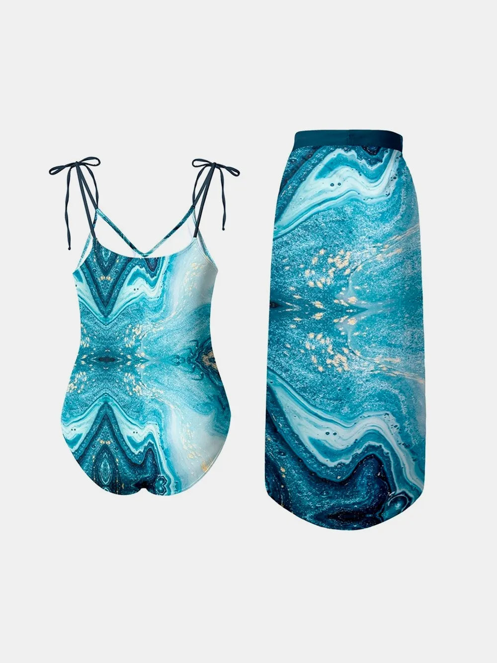 FAM-FAM FAM-FAM Printed Tie Shoulder Swimwear and Skirt Swim Set