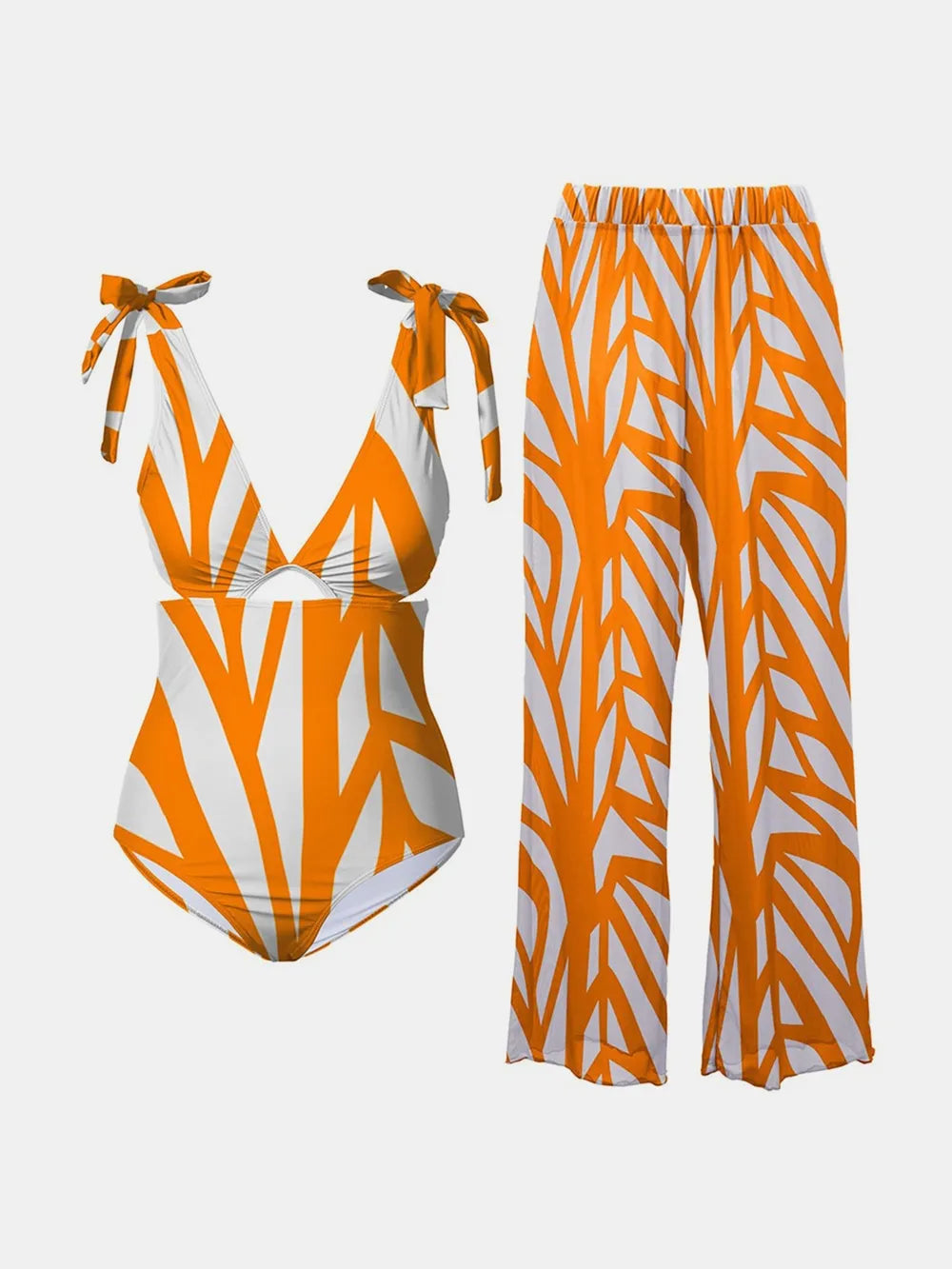FAM-FAM Tangerine / S FAM-FAM Printed Tie Shoulder Swimwear and Pants Swim Set