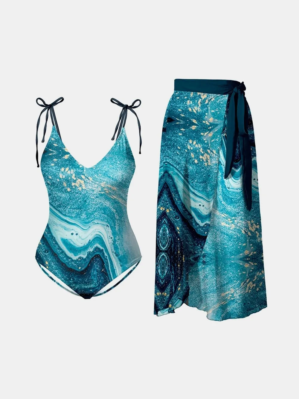 FAM-FAM Teal / S FAM-FAM Printed Tie Shoulder Swimwear and Skirt Swim Set