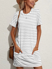 FAM-FAM White / S Striped Round Neck Pocket Dress – Casual Short Sleeve Look