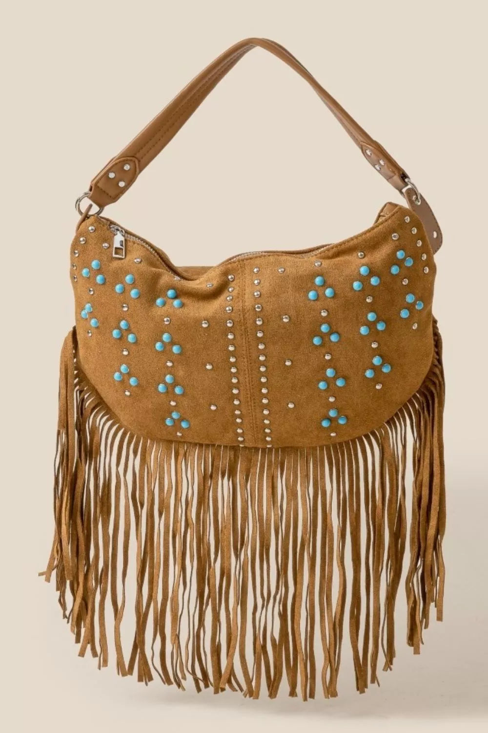 Fame Accessories BR / One Size Fame Studded Pattern Multi Fringe Hobo Shoulder Bag