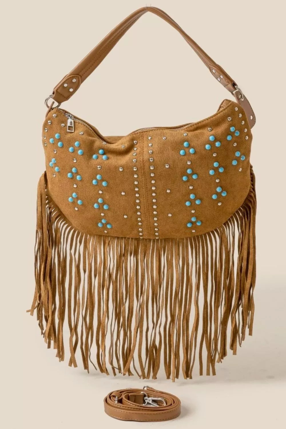 Fame Accessories BR / One Size Fame Studded Pattern Multi Fringe Hobo Shoulder Bag