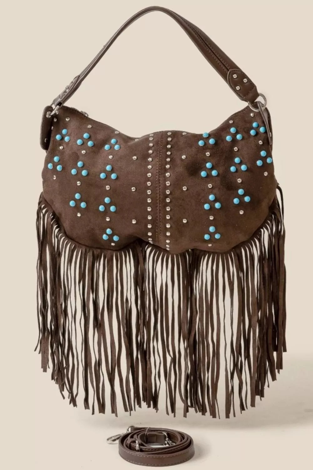 Fame Accessories CO / One Size Fame Studded Pattern Multi Fringe Hobo Shoulder Bag