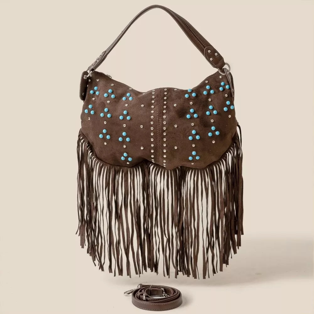 Fame Accessories CO / One Size Fame Studded Pattern Multi Fringe Hobo Shoulder Bag