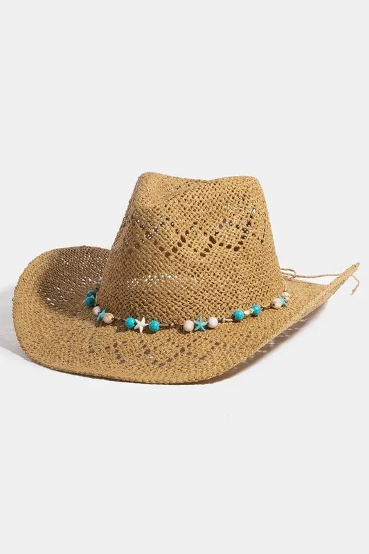 Fame Accessories KA / One Size Fame Turquoise and Shell Star Beads Strap Western Straw Hat