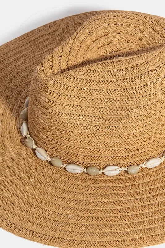 Fame Accessories Khaki / One Size Fame Shell Beaded Wide Brim Straw Hat