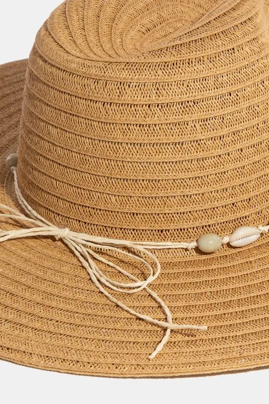 Fame Accessories Khaki / One Size Fame Shell Beaded Wide Brim Straw Hat