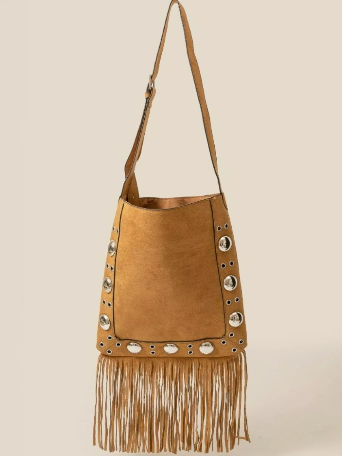 Fame Accessories LBR / one size Fame Faux Suede Grommet Accent Fringe Tote Bag
