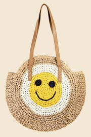 Fame Accessories NAT / One Size Fame Straw Braided Round Happy Face Tote Bag