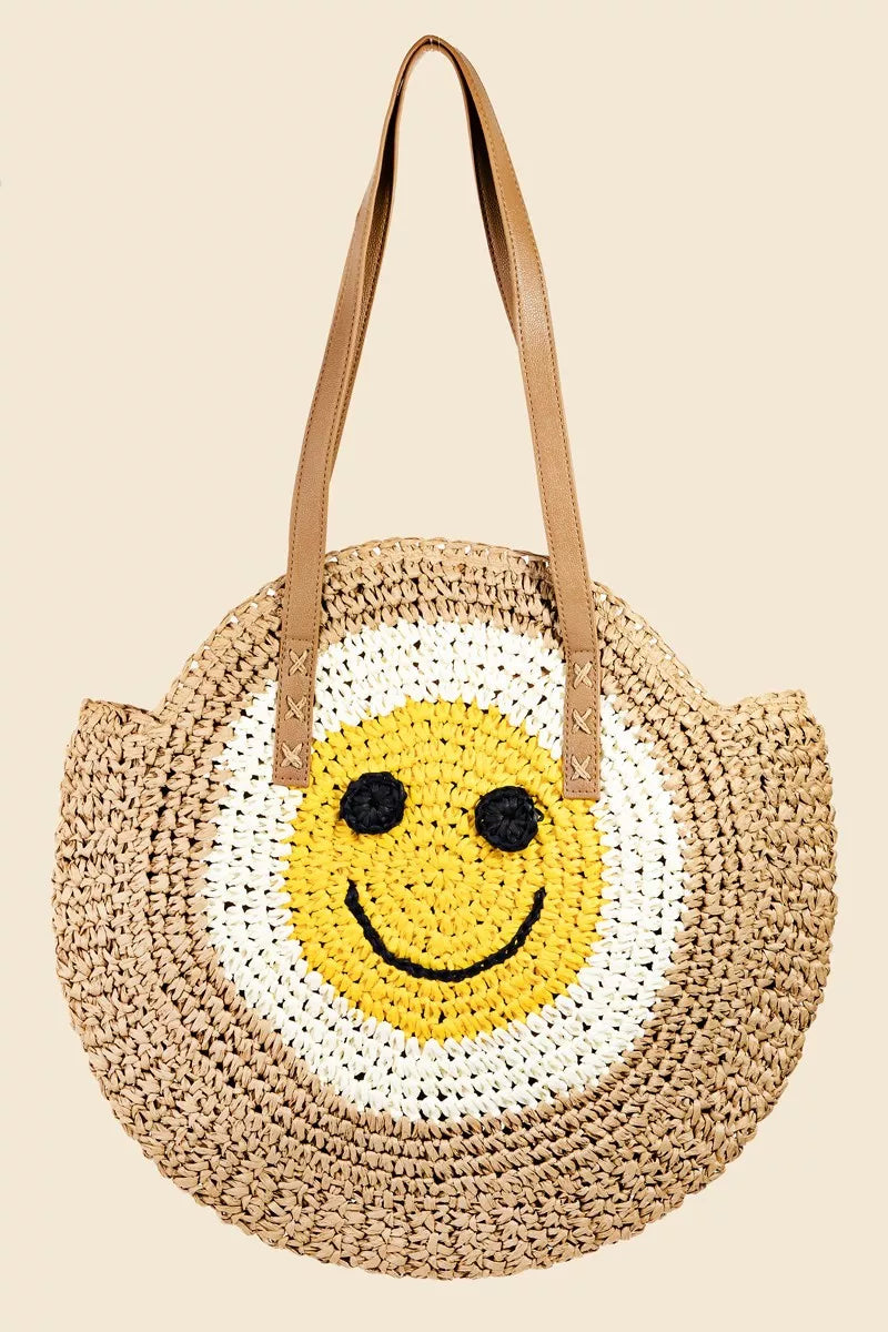 Fame Accessories NAT / One Size Fame Straw Braided Round Happy Face Tote Bag