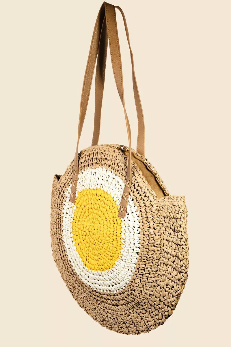 Fame Accessories NAT / One Size Fame Straw Braided Round Happy Face Tote Bag