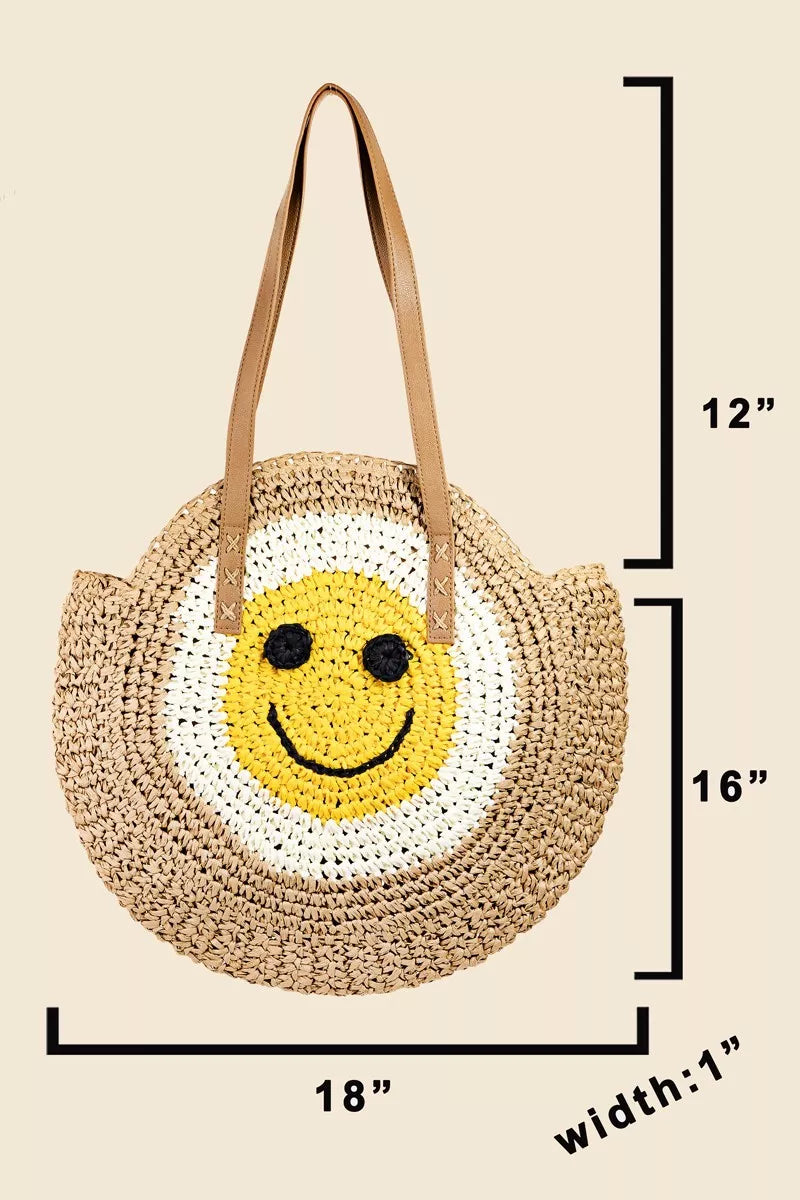 Fame Accessories NAT / One Size Fame Straw Braided Round Happy Face Tote Bag