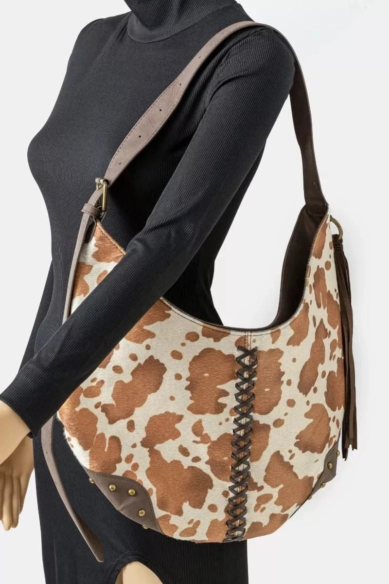 Fame Accessories Shoulder Bags BR / one size Fame Cow Print Hobo Shoulder Bag with Studded Details