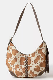 Fame Accessories Shoulder Bags BR / one size Fame Cow Print Hobo Shoulder Bag with Studded Details