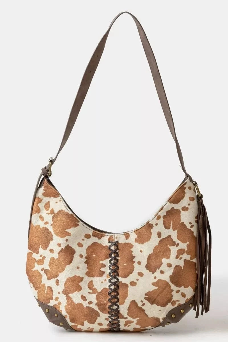 Fame Accessories Shoulder Bags BR / one size Fame Cow Print Hobo Shoulder Bag with Studded Details
