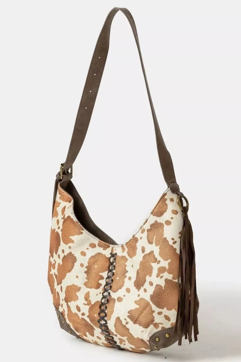 Fame Accessories Shoulder Bags BR / one size Fame Cow Print Hobo Shoulder Bag with Studded Details