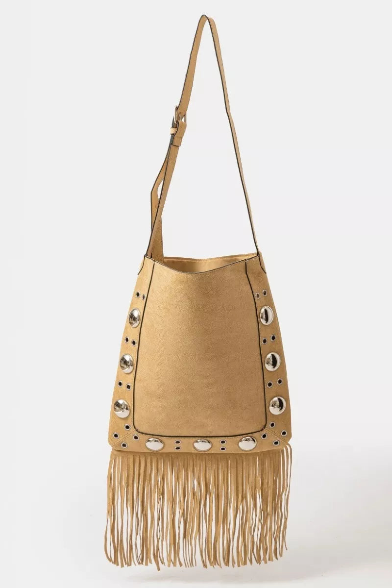 Fame Accessories TP / one size Fame Faux Suede Grommet Accent Fringe Tote Bag