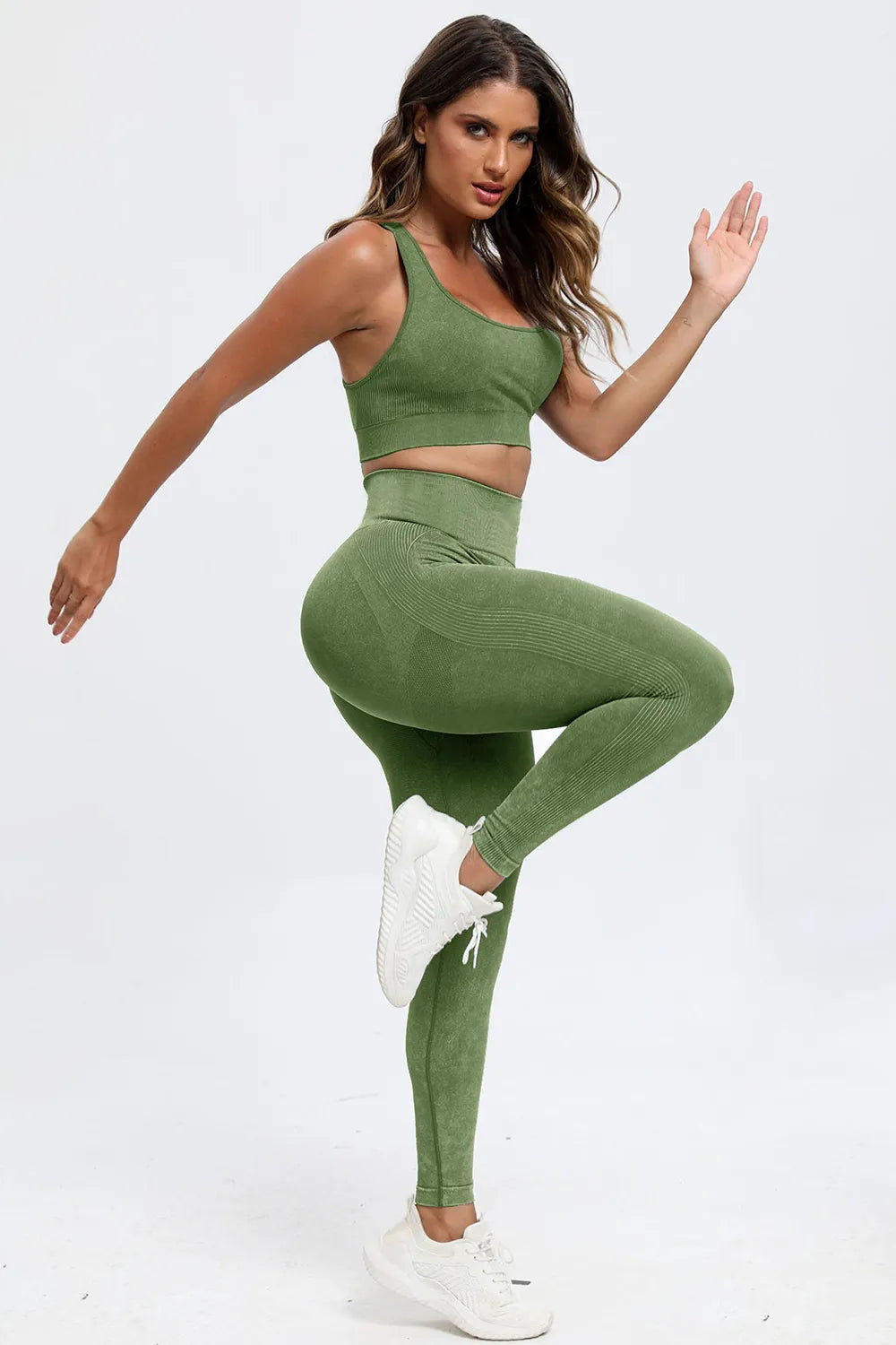 Fashorio 3 Piece Washed Square Neck Wide Strap Active Set