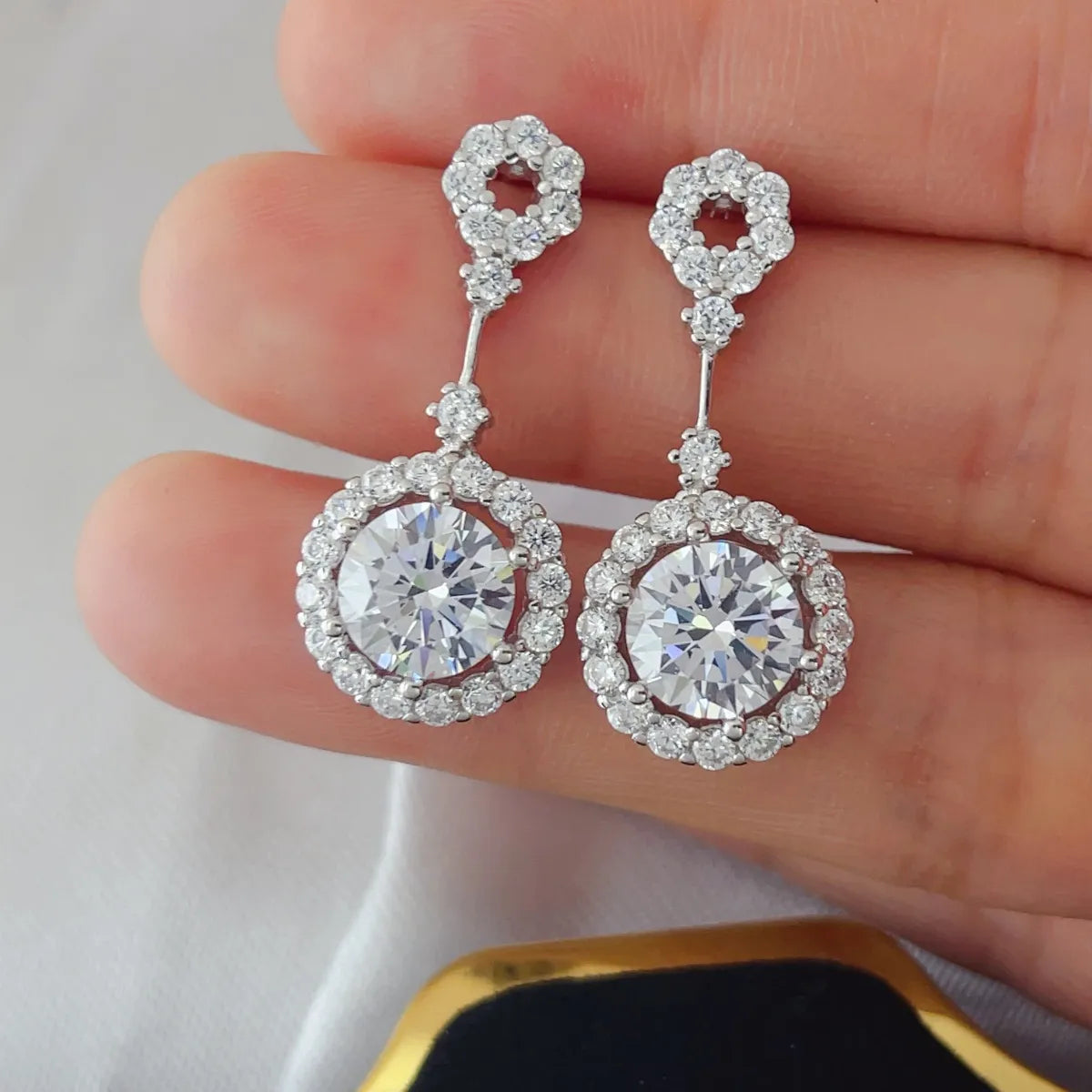 Fashorio 4 Carat Crystal Drop Dangle Earrings with Round Halo Design