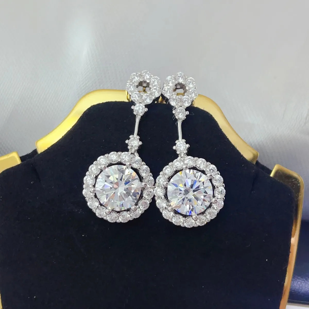 Fashorio 4 Carat Crystal Drop Dangle Earrings with Round Halo Design