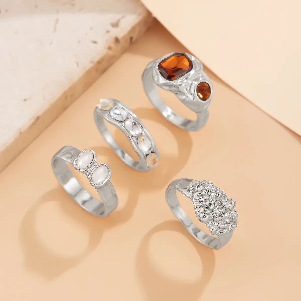 Fashorio 4-Piece Stainless Steel Inlaid Rhinestone Ring