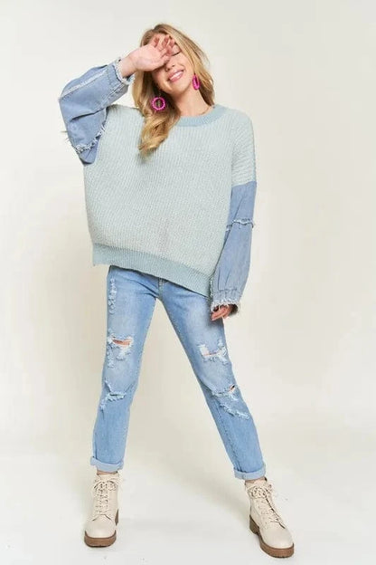 ADORA Plus Size Frayed Denim Sleeve Sweater Top - Fashorio