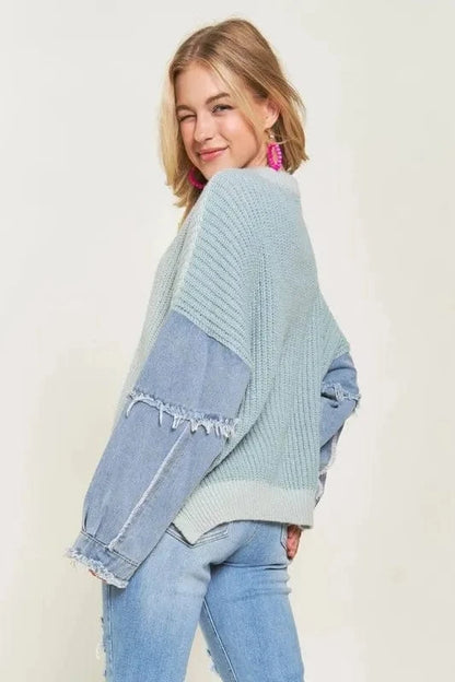 ADORA Plus Size Frayed Denim Sleeve Sweater Top - Fashorio