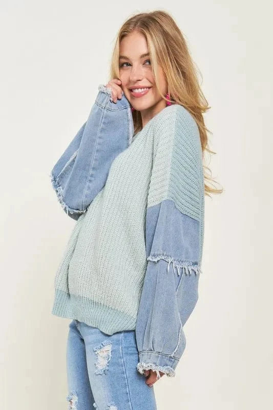 ADORA Plus Size Frayed Denim Sleeve Sweater Top - Fashorio