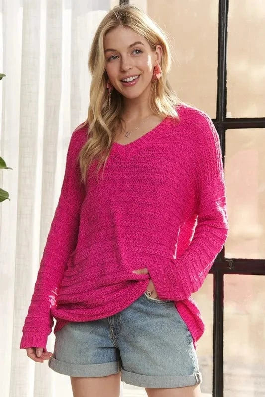ADORA V-Neck Drop Shoulder Long Sleeve Sweater - Fashorio