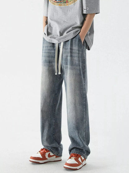 Men's Full Size Wide Leg Relaxed Fit Vintage Wash Jeans Plus Size Air Force Blue - Fashorio