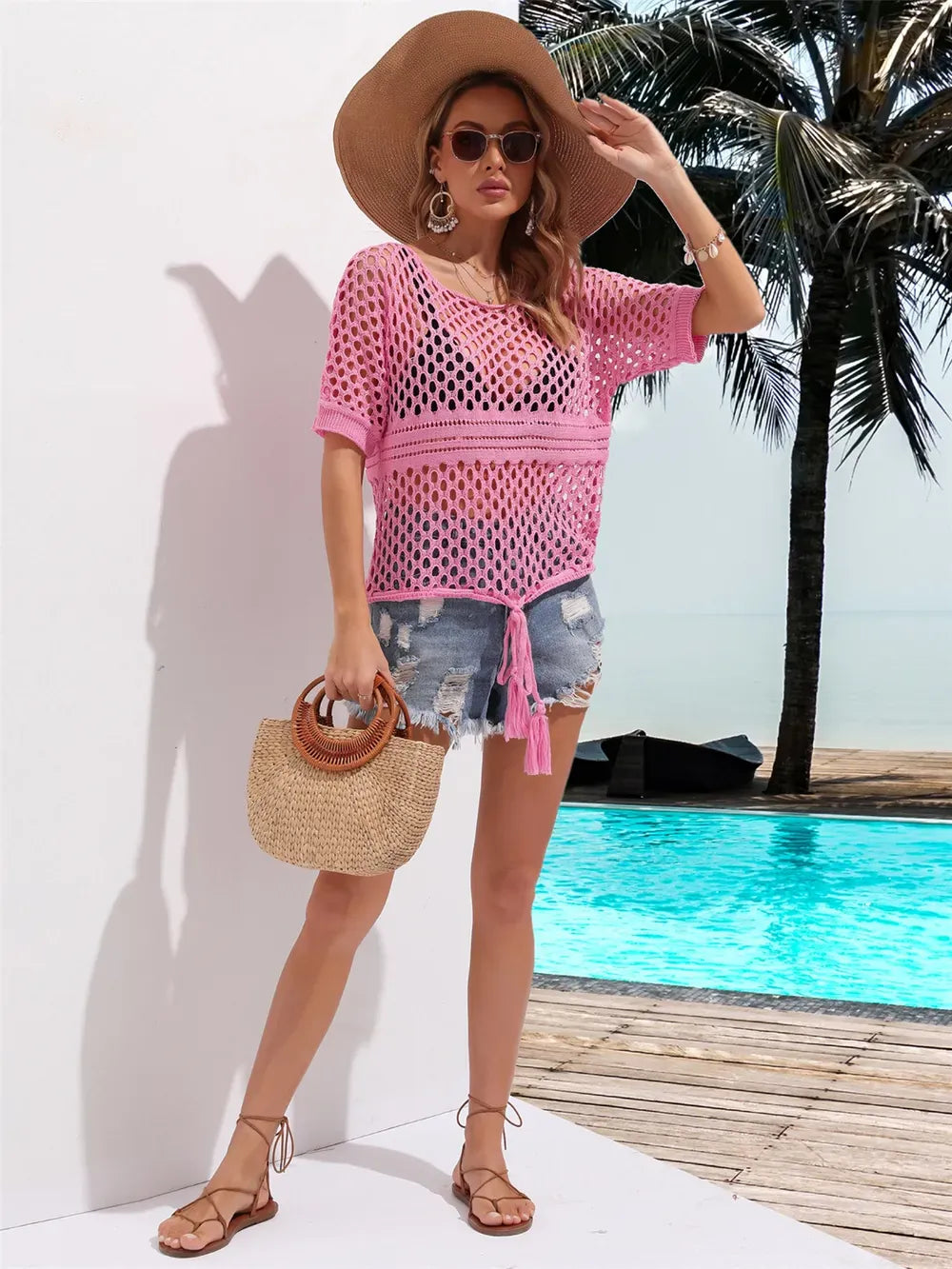 Fashorio Angel Wings Cutout Round Neck Short Sleeve Cover Up