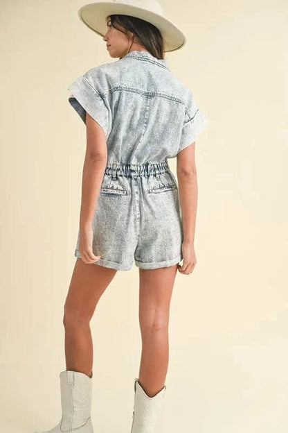 Annie Wear Elastic Waistband Short Sleeve Denim Romper - Fashorio