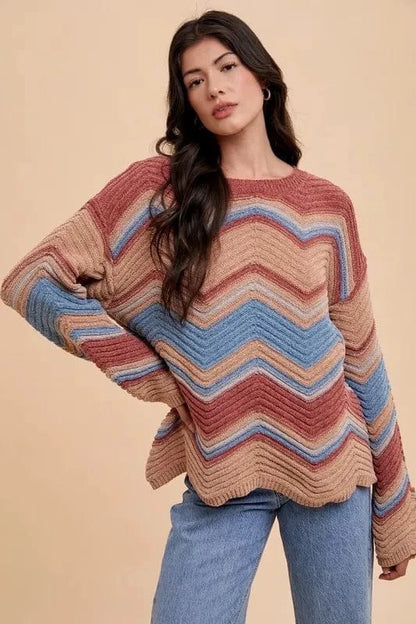 Annie Wear Multi Color Zig-Zag Round Neck Sweater - Fashorio