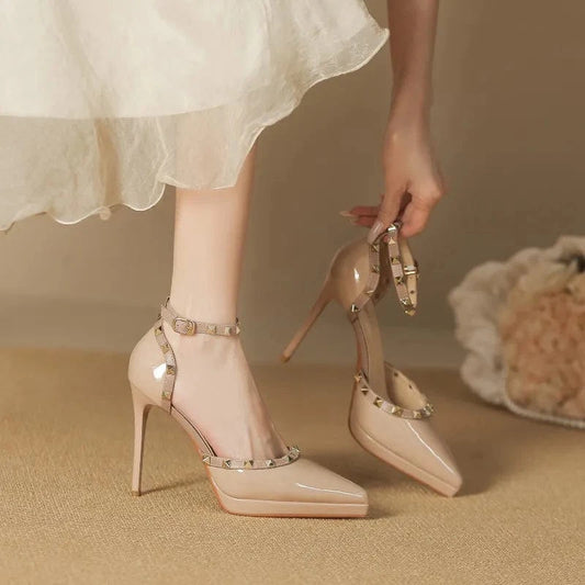 Rivet Decor Ankle Strap Stiletto Pumps Apricot - Fashorio