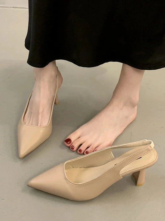 Point Toe Mid Heels Pumps Apricot - Fashorio