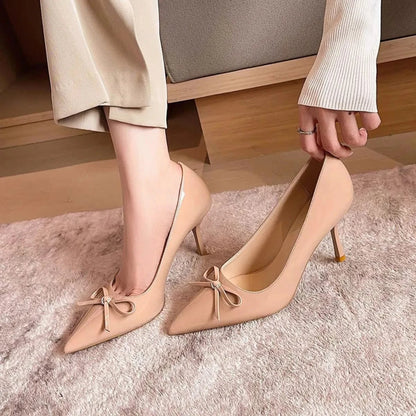 Bow Detail Point Toe Pumps Apricot - Fashorio