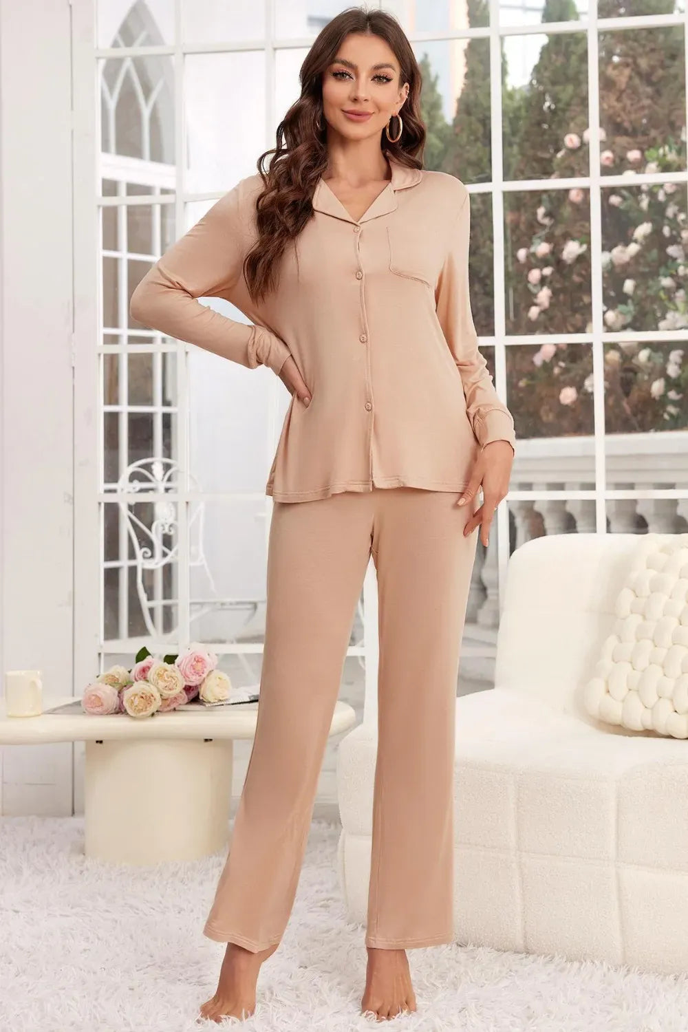 Fashorio Apricot / S Button Up Long Sleeve Top and Pants Lounge Set