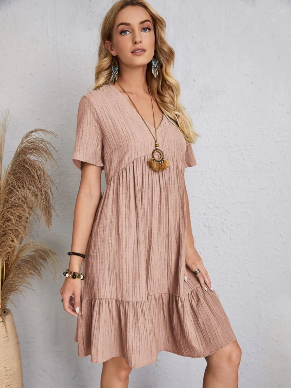 Fashorio Apricot / S Full Size V-Neck Short Sleeve Dress