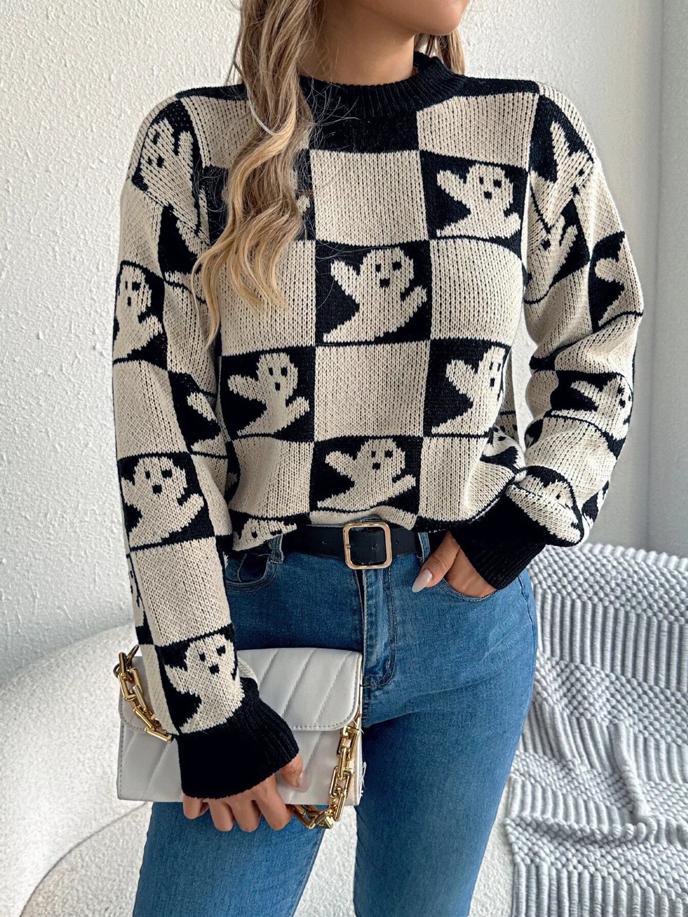 Fashorio Apricot / S Halloween Ghost Pattern Checkered Round Neck Sweater