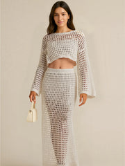 Fashorio Apricot / S Hollow Out Long Sleeve Top and Skirt Knit Set