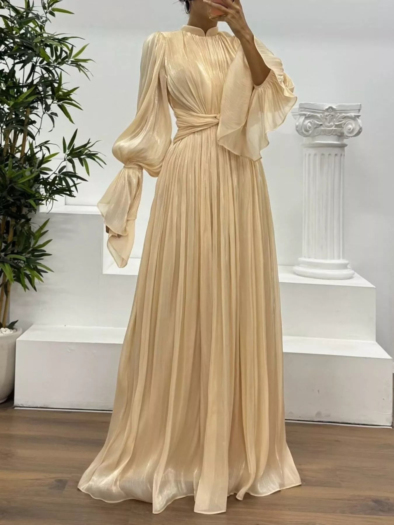 Fashorio Apricot / S Pleated Mock Neck Long Sleeve Maxi Dress