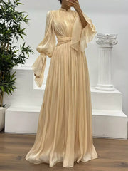 Fashorio Apricot / S Pleated Mock Neck Long Sleeve Maxi Dress