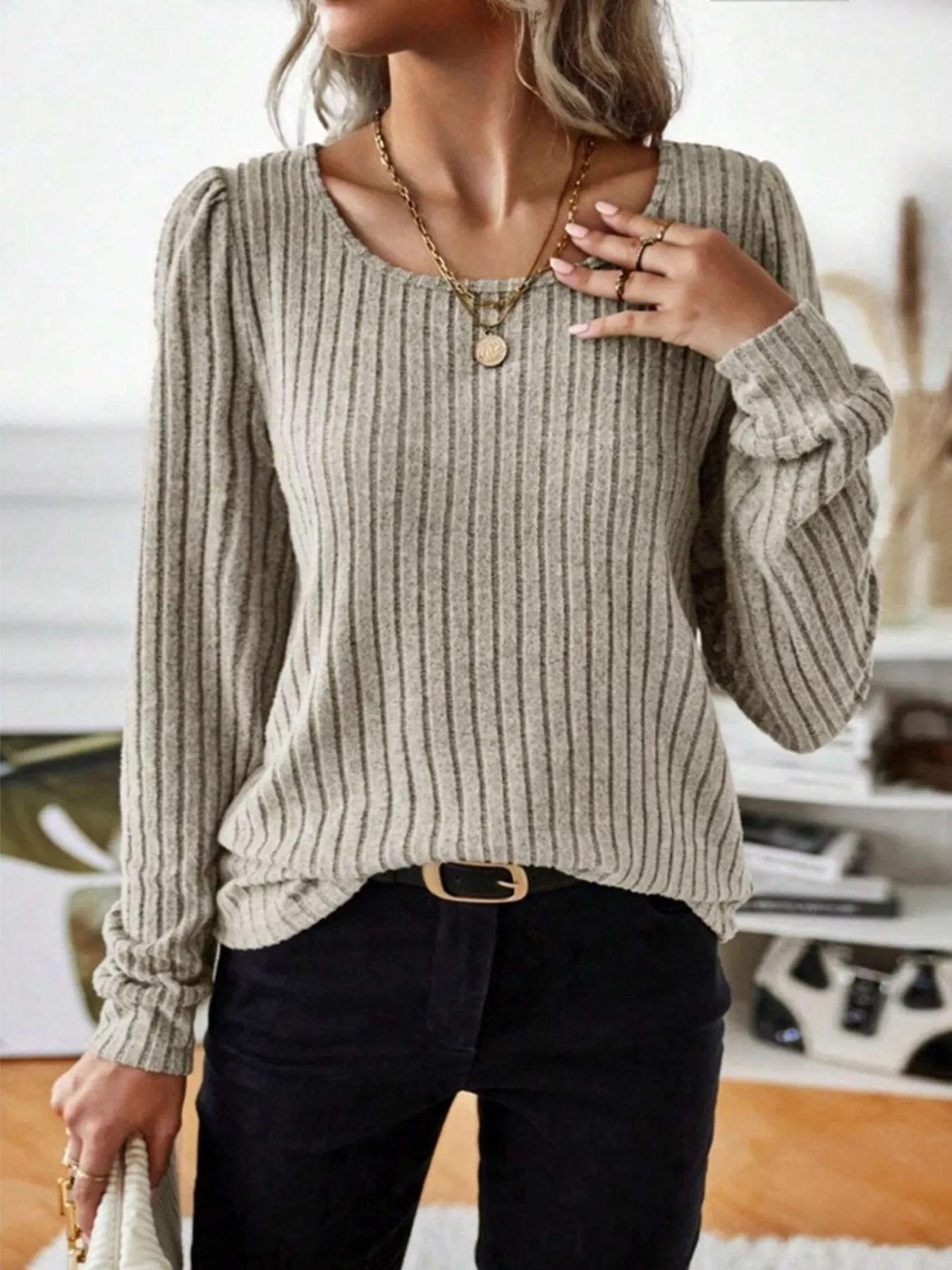 Fashorio Apricot / S Ribbed Knit Long Sleeve T-Shirt