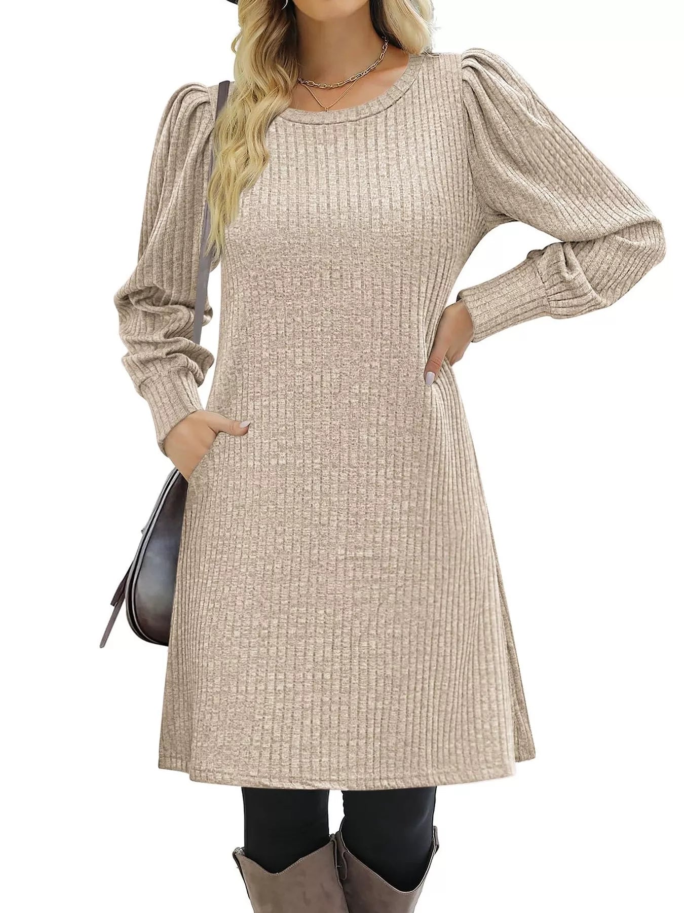 Fashorio Apricot / S Ribbed Knit Puff Sleeve Casual Mini Dress