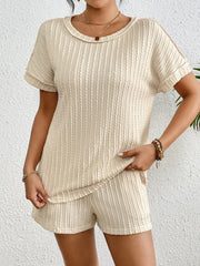 Fashorio Apricot / XS Texture Round Neck Top and Shorts Lounge Set
