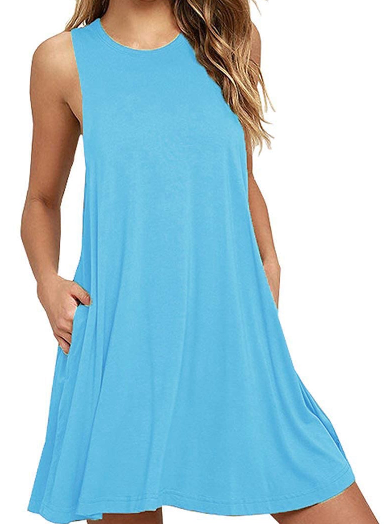 Fashorio Aqua / S Full Size Round Neck Sleeveless Dress with Pockets
