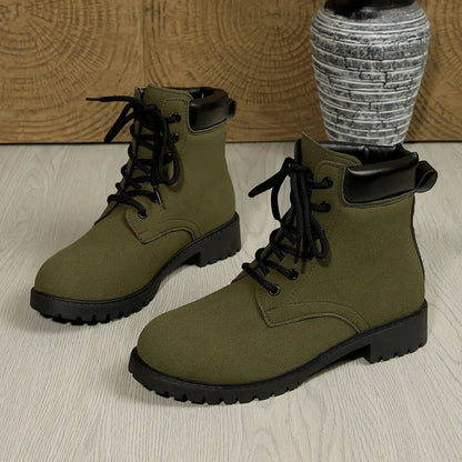Lace Up Block Heel Boots Army Green - Fashorio