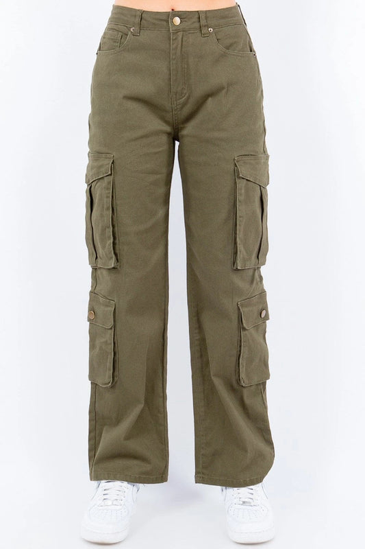 American Bazi Full Size Button Waist High Rise Cargo Pants Plus Size Army Green - Fashorio