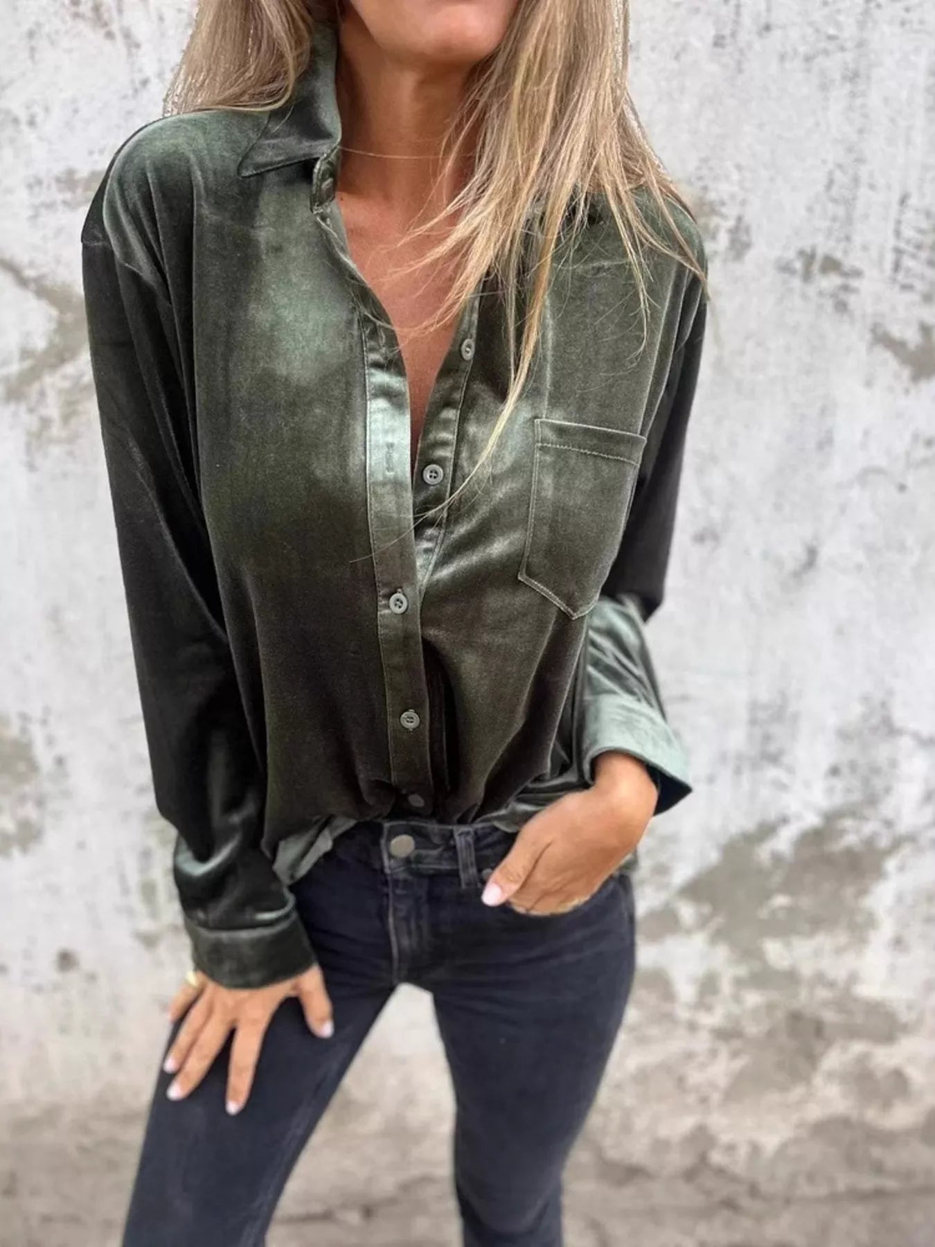 Fashorio Army Green / S Full Size Velvet Button-Up Long Sleeve Shirt Plus Size