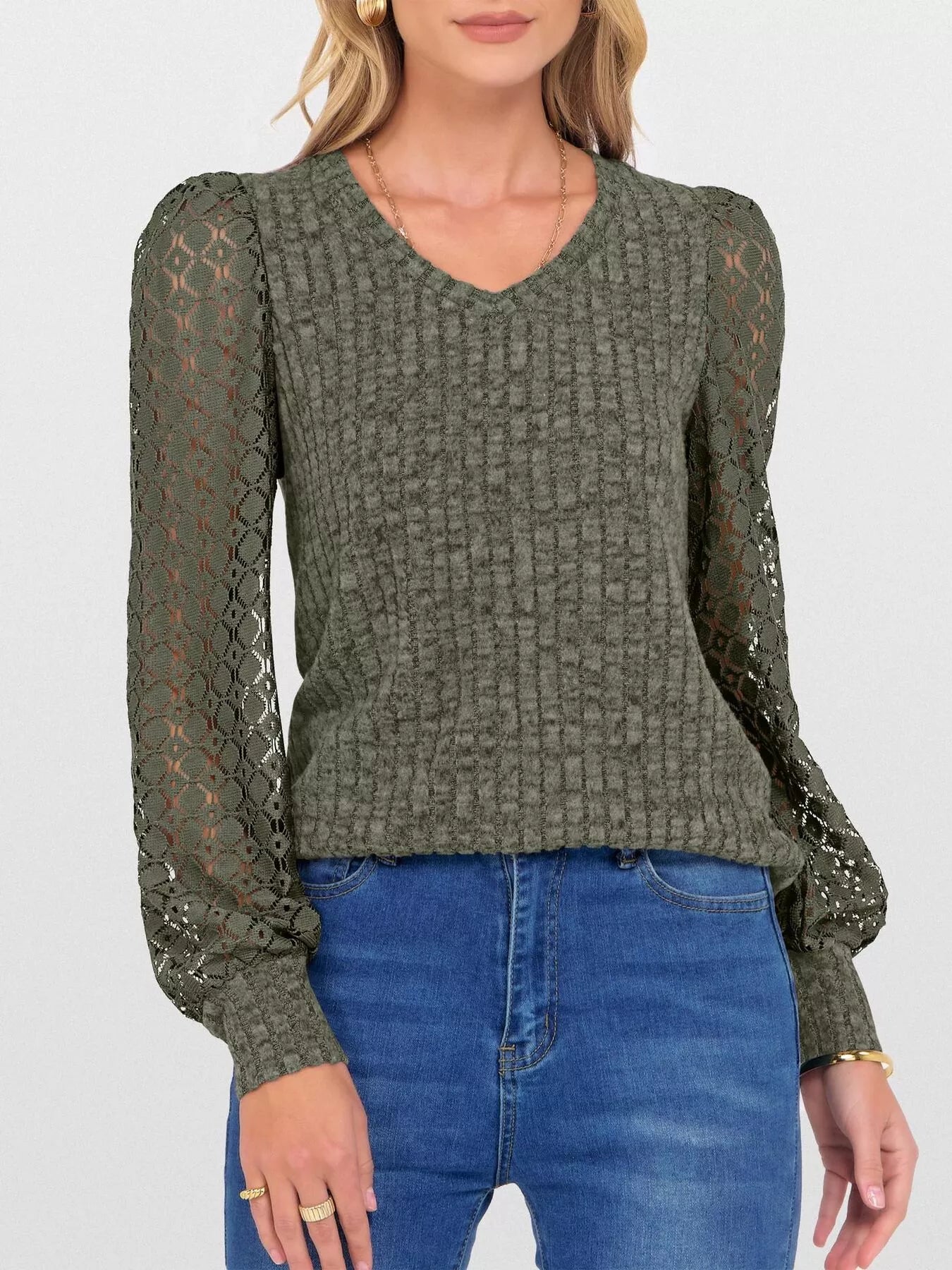 Fashorio Army Green / S Lace Sleeve V-Neck T-Shirt